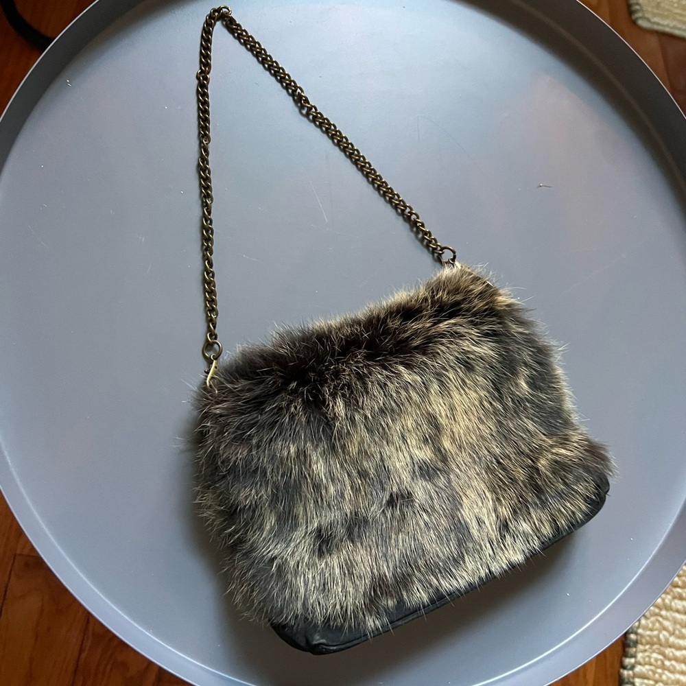 Faux Fur Crossbody Bag with Chain Strap - Brown/Black